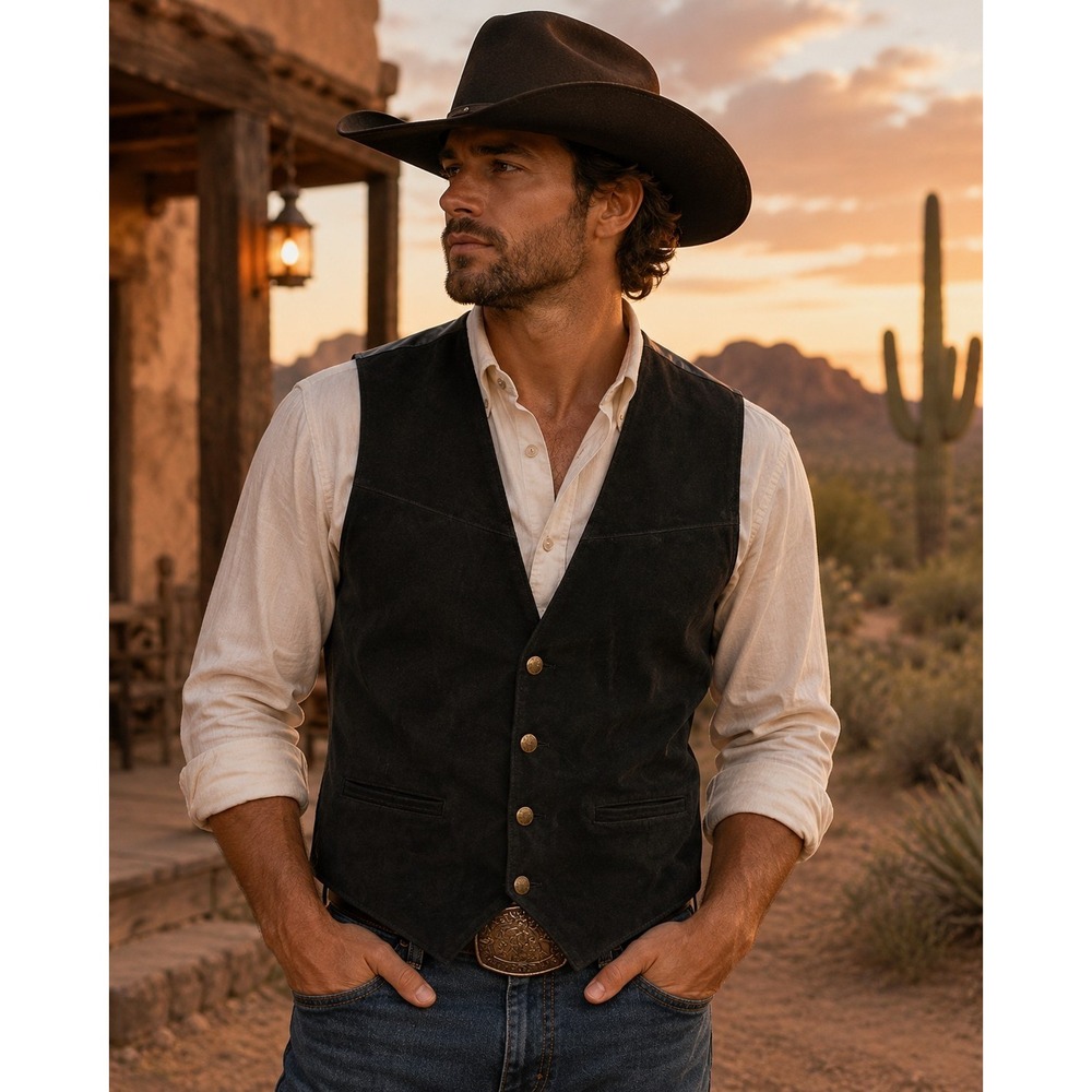 SCULLY Men's Medium Black Leather Front Vest Western Cowboy -1606